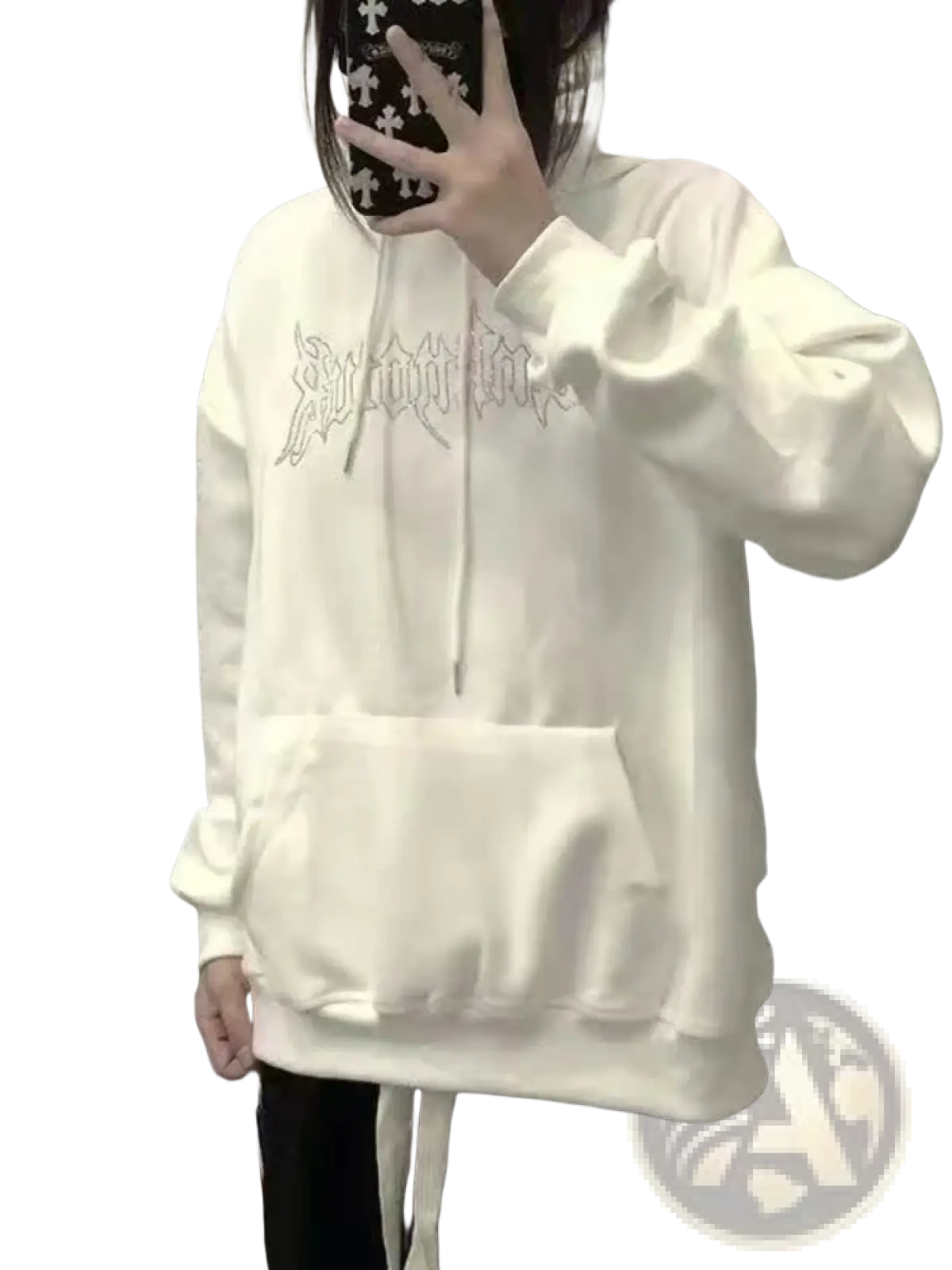 White oversized hoodie with silver metallic lettering and matching drawstrings from Black Sequin Wing oversized hoodie XXL collection