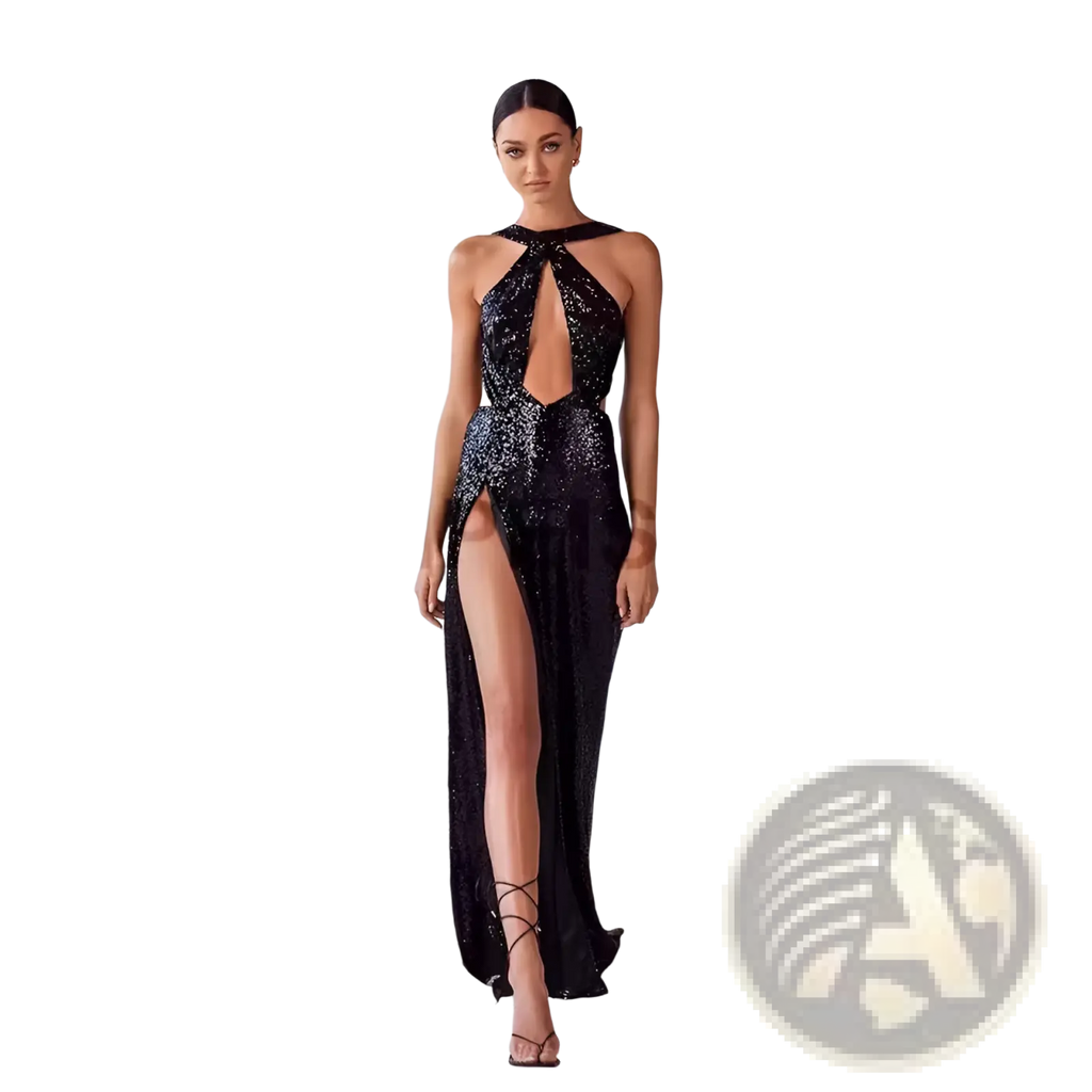 Black sequined halter neck evening gown with high slit and keyhole back shown from the back side