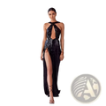 Black sequined halter neck evening gown with high slit and keyhole back shown from the back side