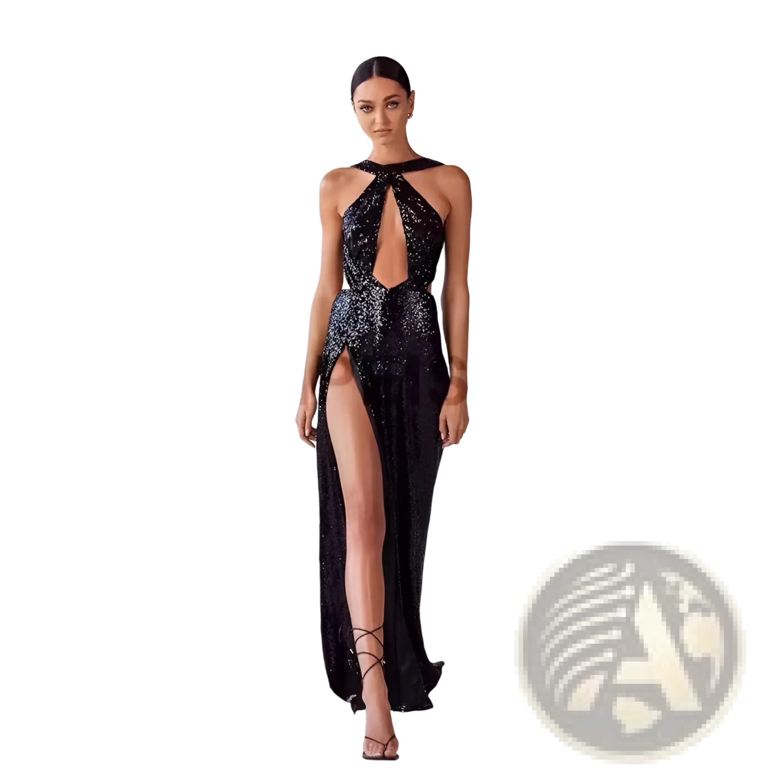 Black sequined halter neck evening gown with high slit and keyhole back shown from the back side
