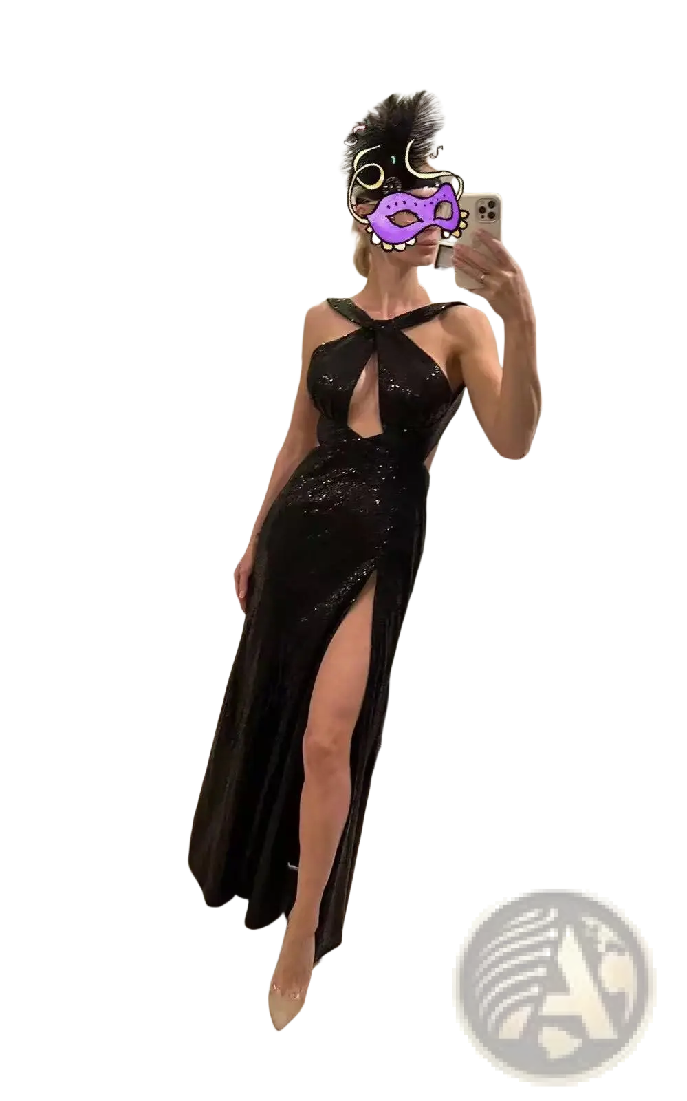 Black sequined halter neck evening gown with high slit designed for elegant formal occasions