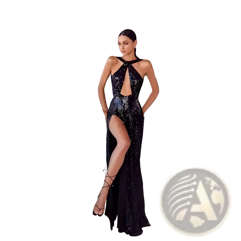 Black sequined halter neck evening gown with high slit and crisscross lace-up straps in shimmering black fabric