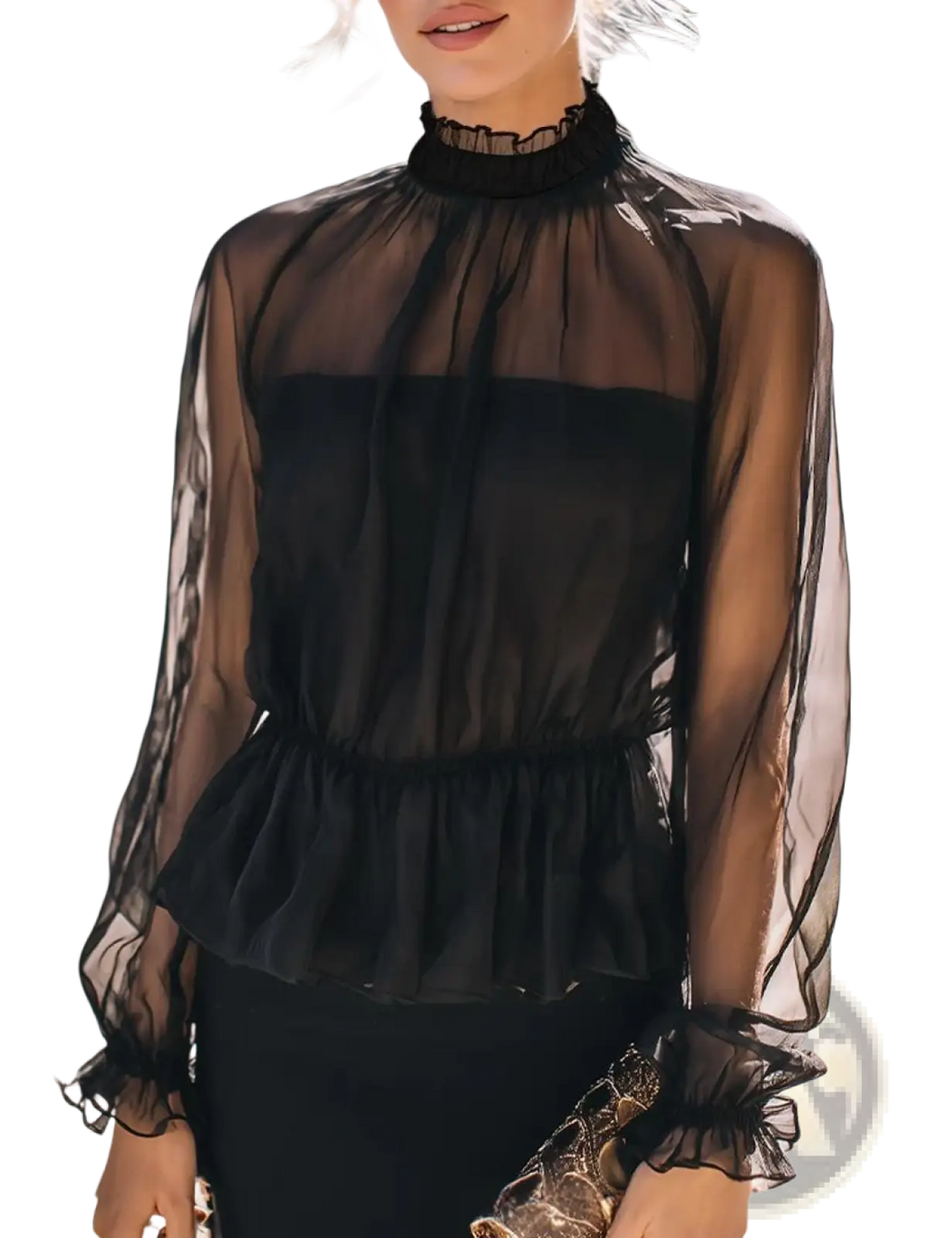 Black sheer ruffled peplum blouse featuring a high neckline and long sleeves in delicate sheer fabric