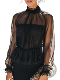Black sheer ruffled peplum blouse featuring a high neckline and long sleeves in delicate sheer fabric