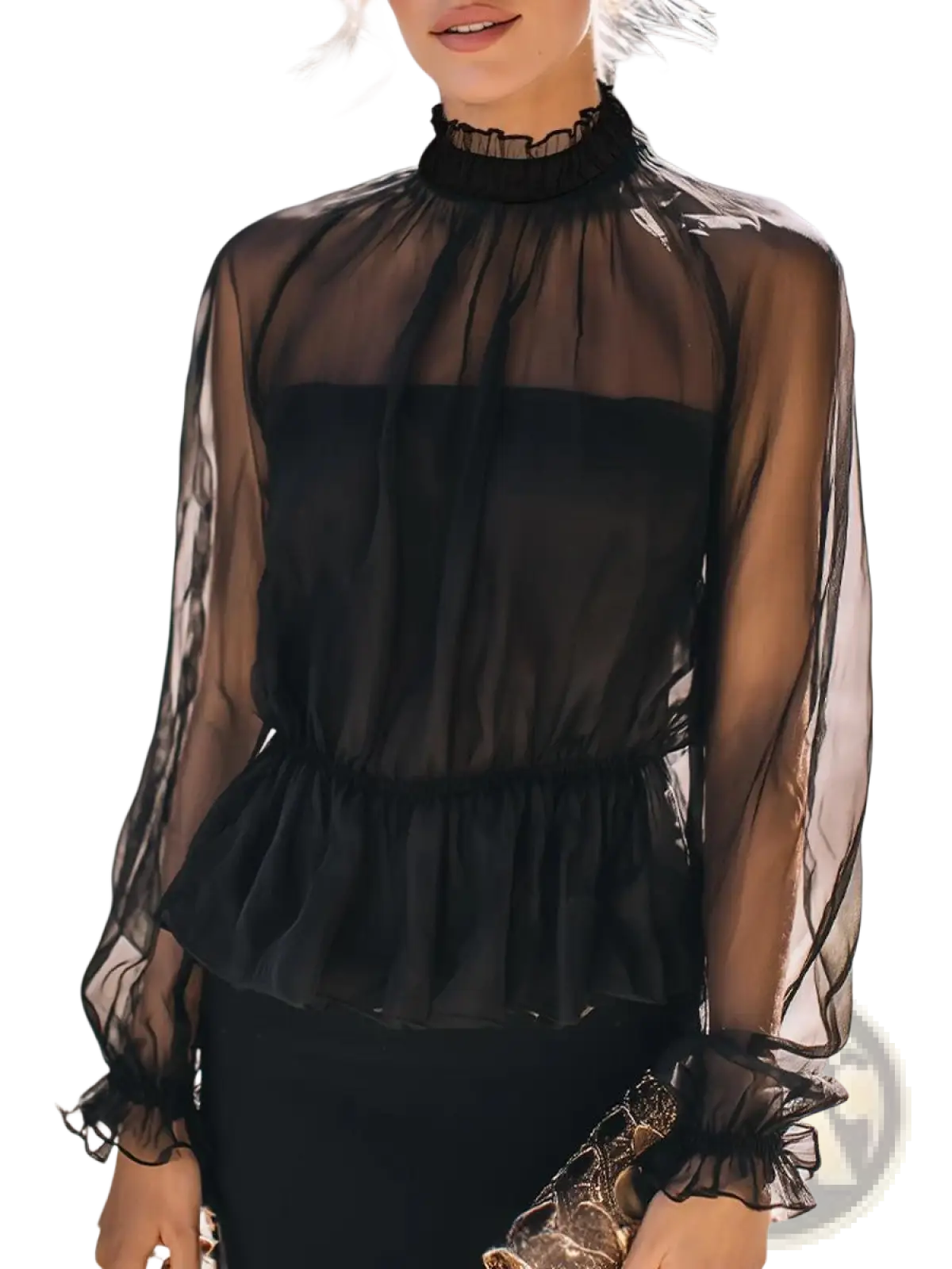 Black sheer ruffled peplum blouse featuring a high neckline and long sleeves in delicate sheer fabric