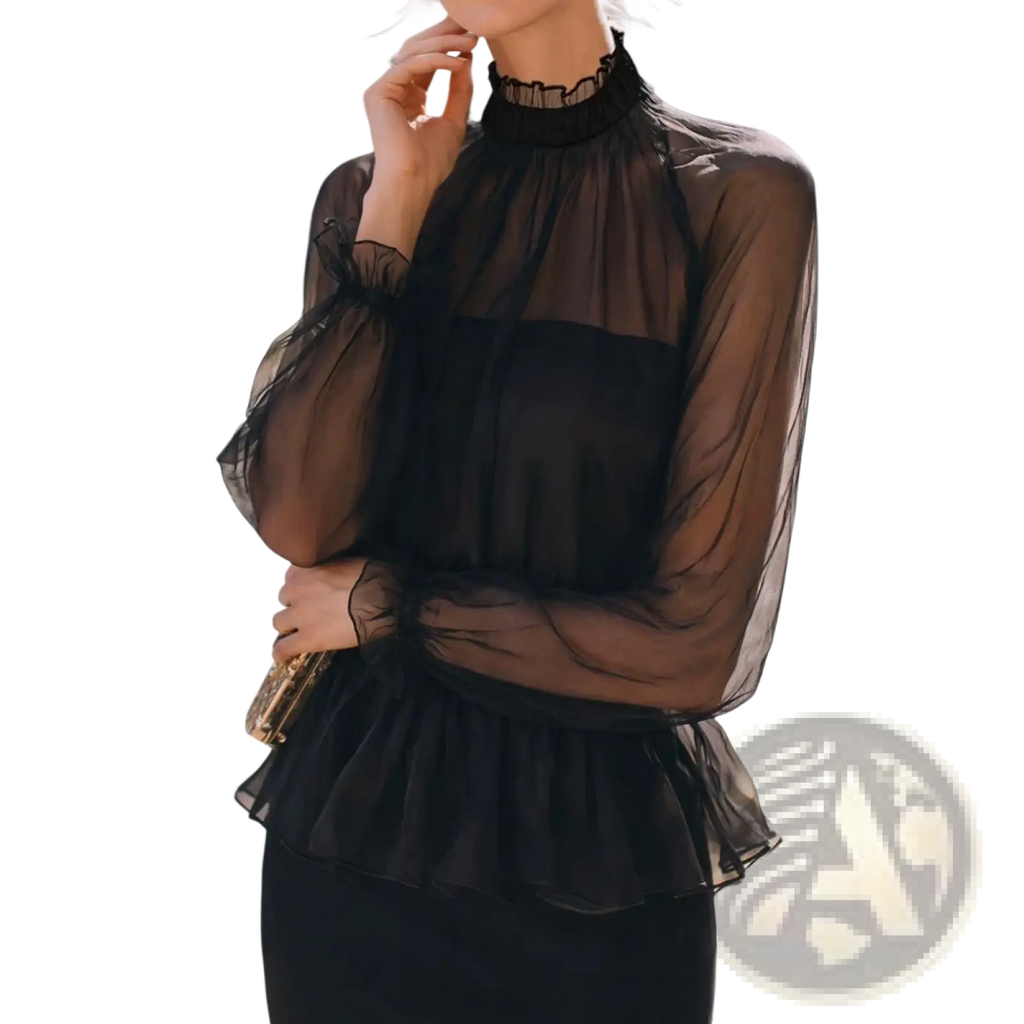Black sheer ruffled peplum blouse with high neckline and puffed sleeves made of lightweight fabric