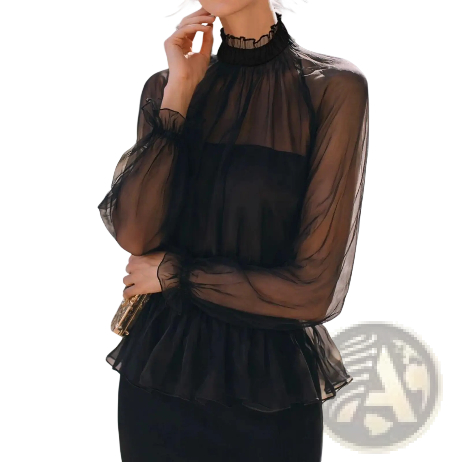 Black sheer ruffled peplum blouse with high neckline and puffed sleeves made of lightweight fabric
