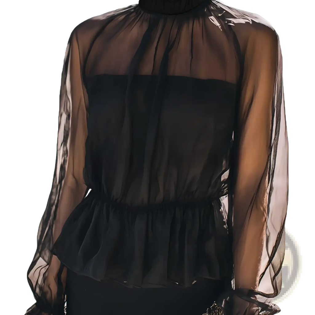 Black sheer ruffled peplum blouse with high neckline long sleeves and ruffled hem made of sheer fabric