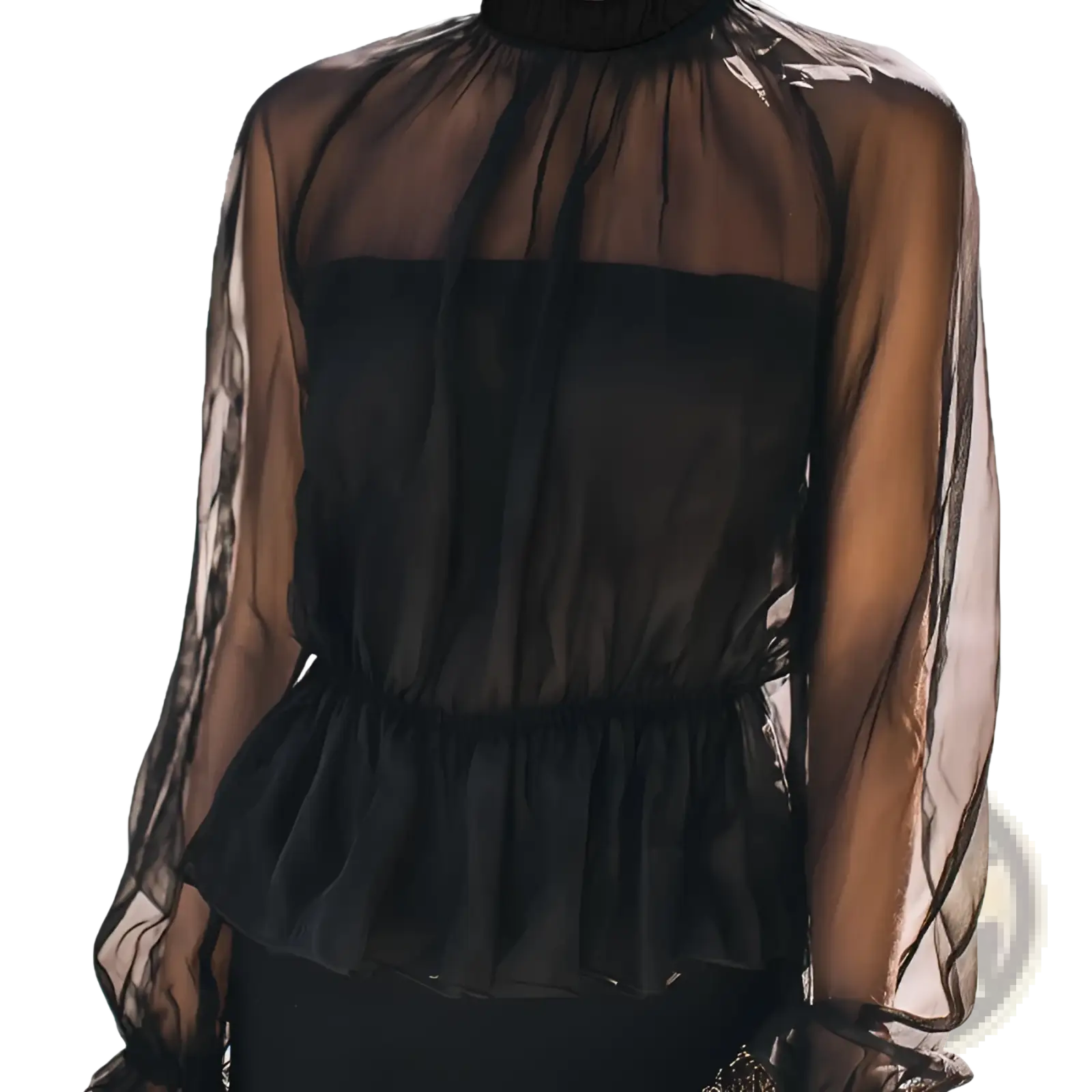 Black sheer ruffled peplum blouse with high neckline long sleeves and ruffled hem made of sheer fabric