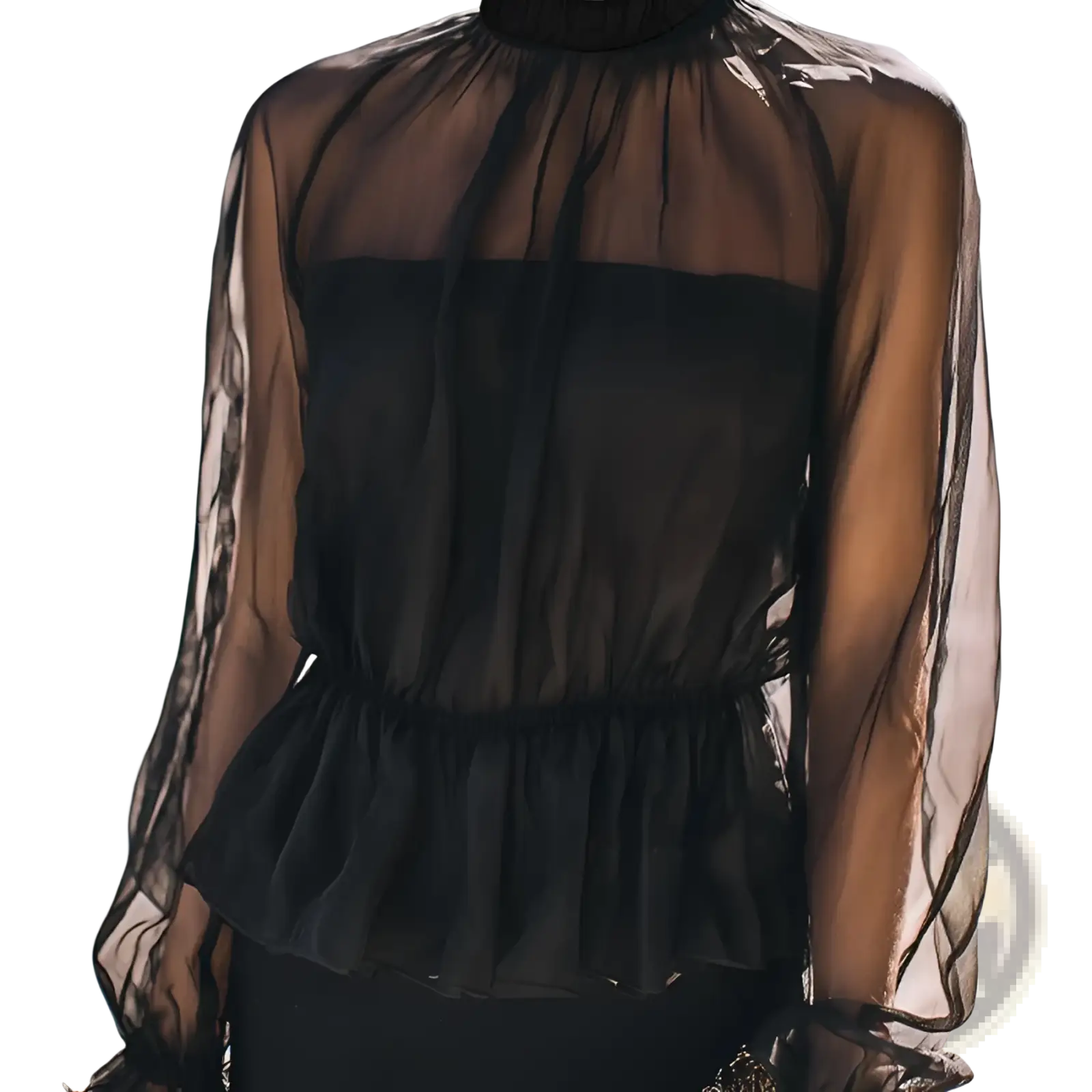 Black sheer ruffled peplum blouse with long sleeves and a flowy hem perfect for elegant occasions