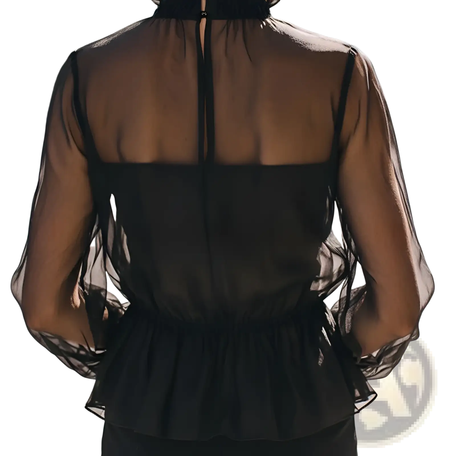 Black sheer ruffled peplum blouse with long sleeves made of lightweight fabric for elegant occasions