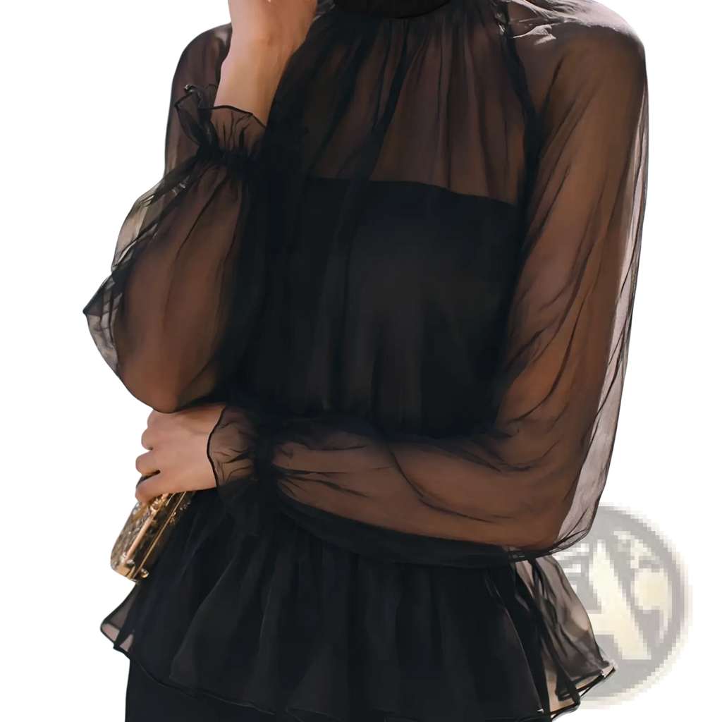 Black sheer ruffled peplum blouse with puffy sleeves made of lightweight fabric ideal for elegant occasions