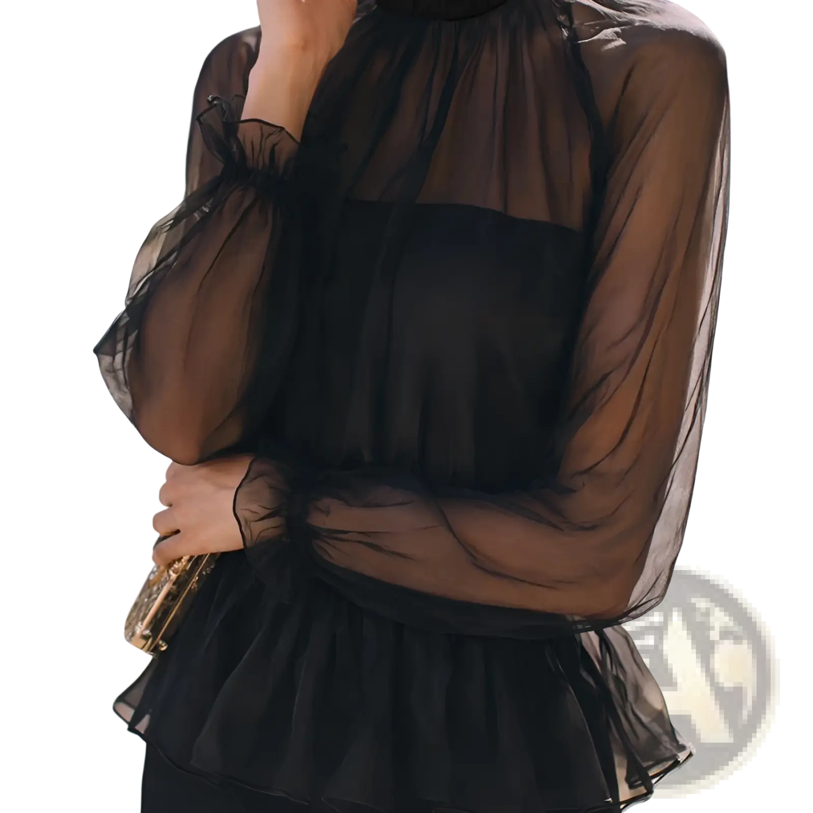 Black sheer ruffled peplum blouse with puffy sleeves made of lightweight fabric ideal for elegant occasions