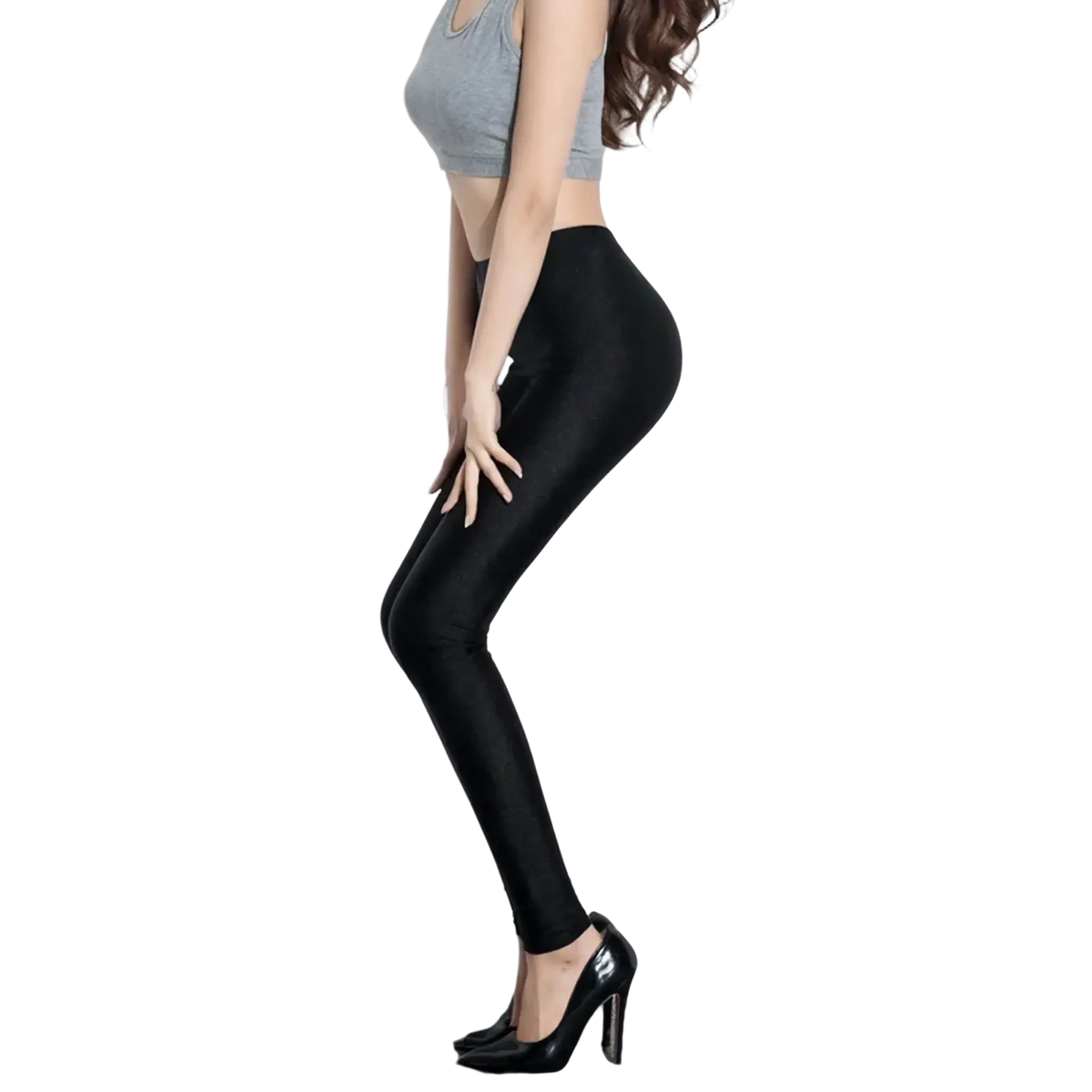 Black shiny stretch leggings for women featuring a sleek form-fitting design in a glossy black material