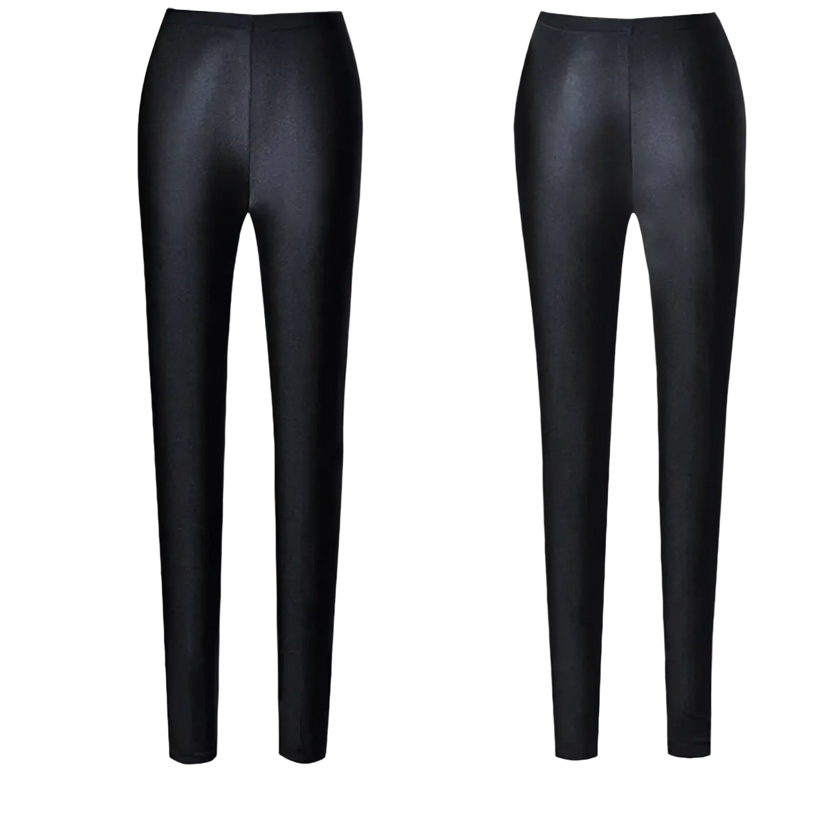 Black shiny stretch leggings for women featuring a high-waisted design made of faux leather material