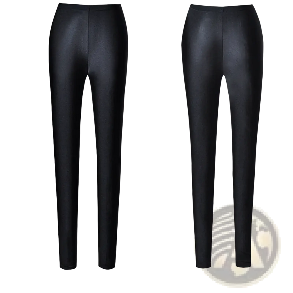 Black shiny stretch leggings for women featuring a high-waisted design made of faux leather material
