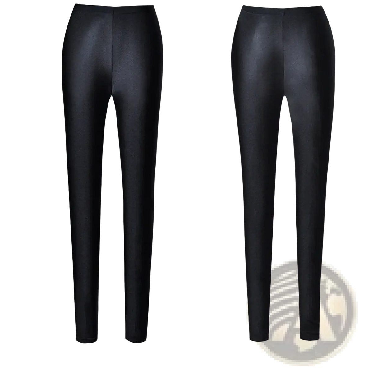Black shiny stretch leggings for women featuring a high-waisted design made of faux leather material