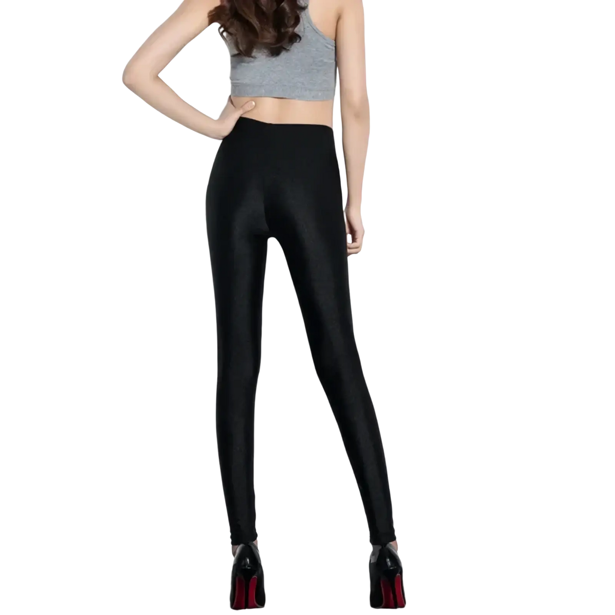 Black shiny stretch leggings for women featuring high-waisted design and glossy fabric that hugs the legs closely