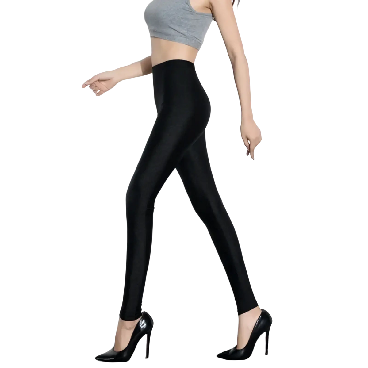 Black shiny stretch leggings for women featuring high-waisted design and smooth form-fitting texture