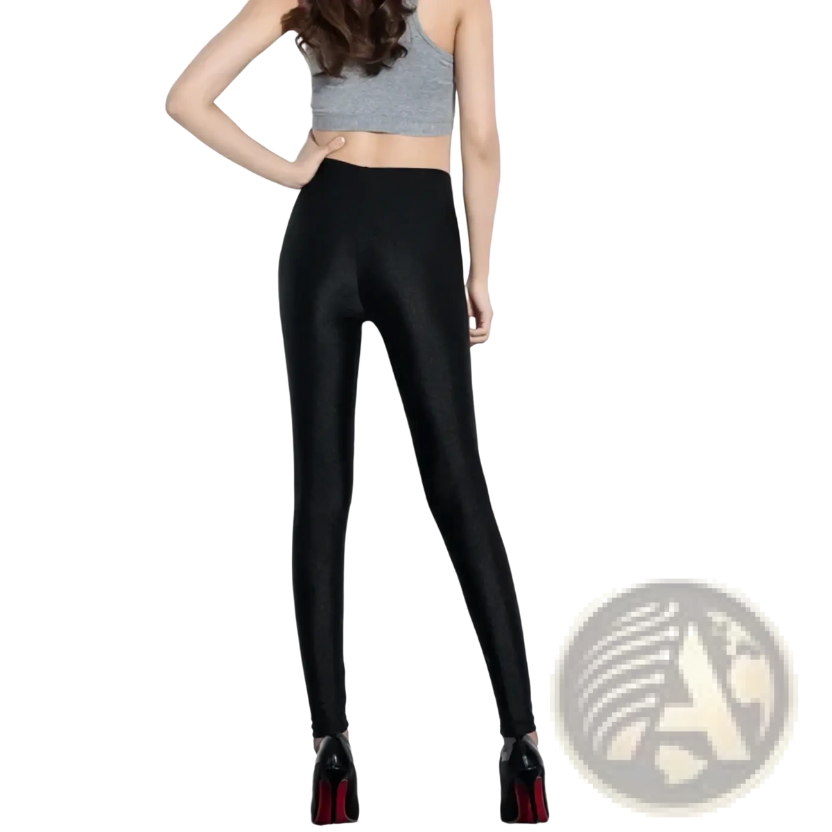 Black shiny stretch leggings for women featuring high-waisted design and glossy fabric that hugs the legs closely