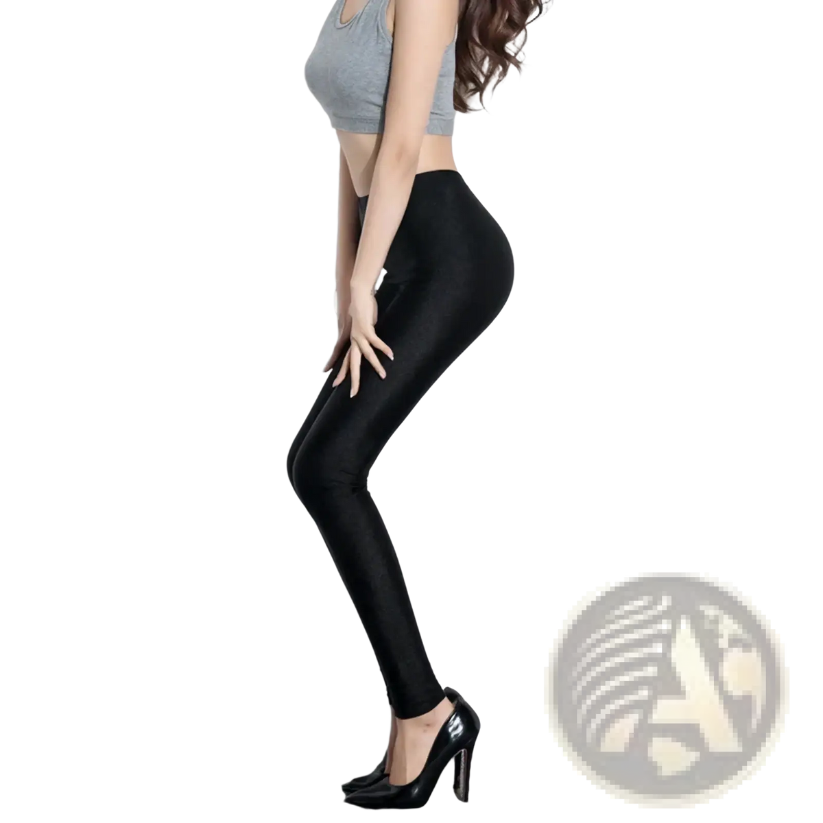 Black shiny stretch leggings for women featuring a sleek form-fitting design in a glossy black material