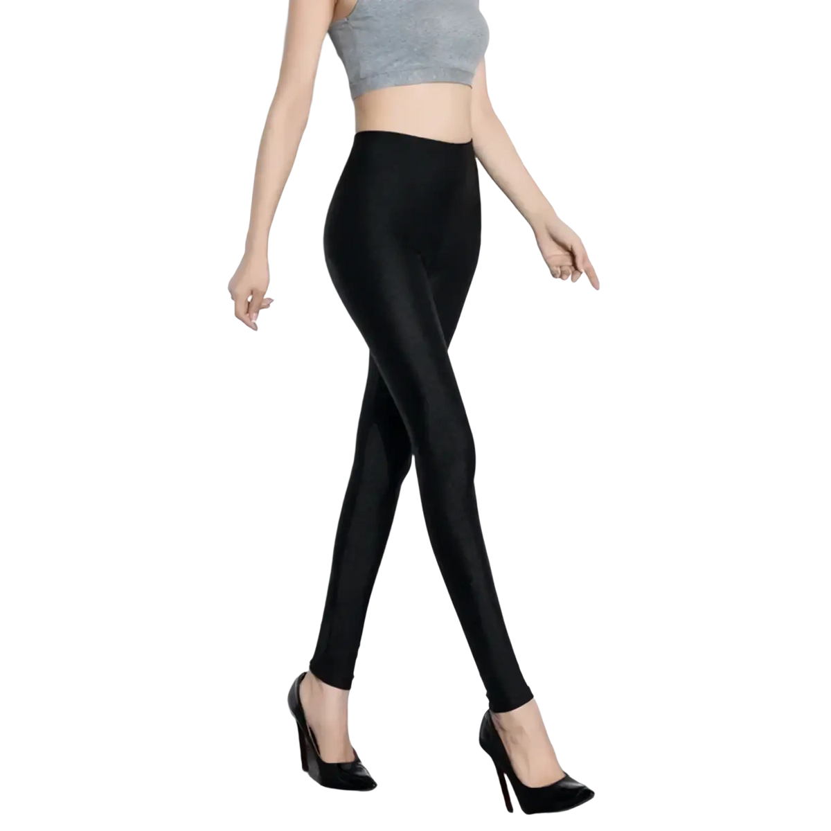 Black shiny stretch leggings for women with a smooth shiny texture and form-fitting design