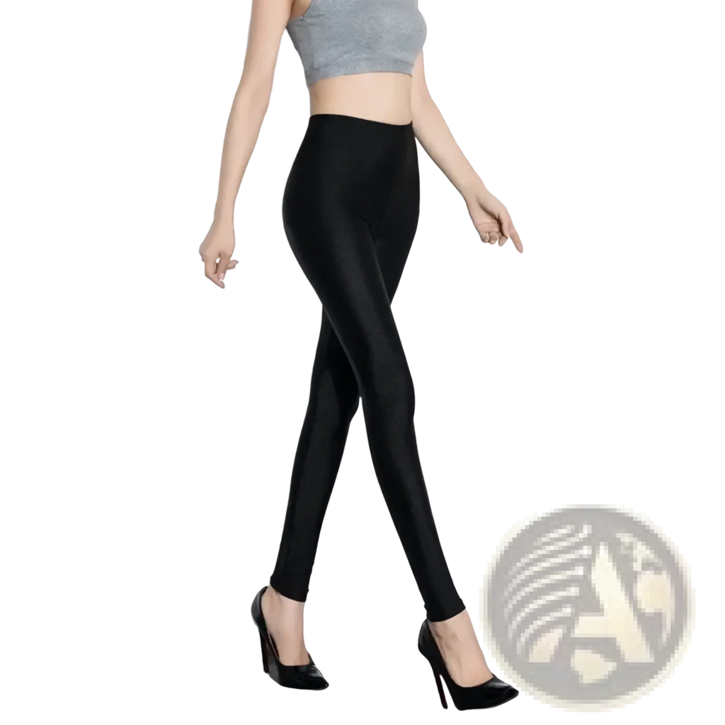 Black shiny stretch leggings for women with a smooth, shiny texture and form-fitting design