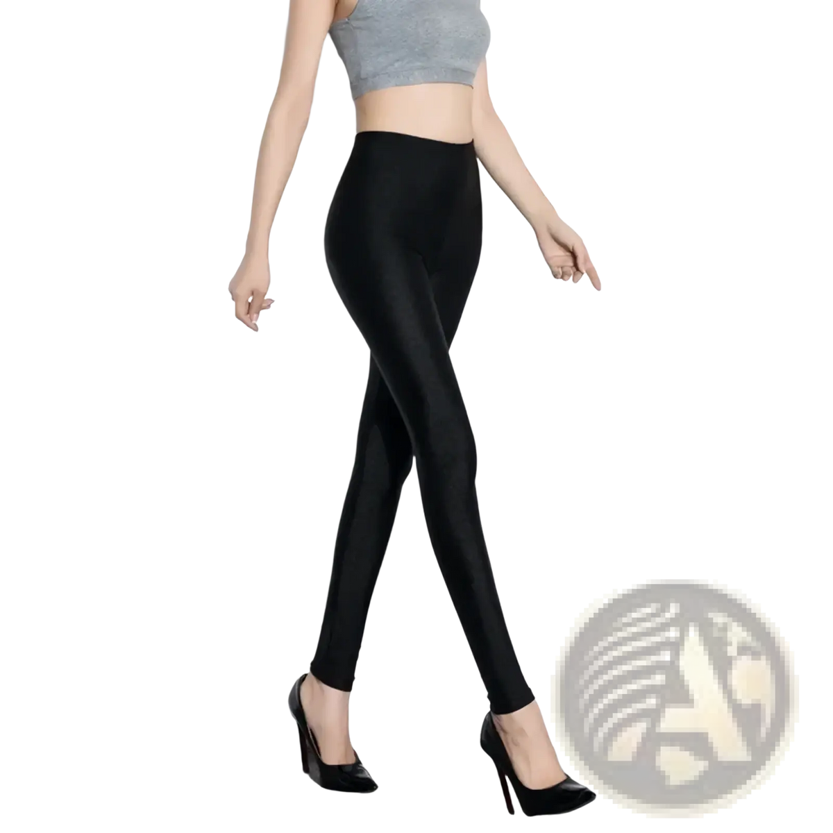 Black shiny stretch leggings for women with a smooth, shiny texture and form-fitting design