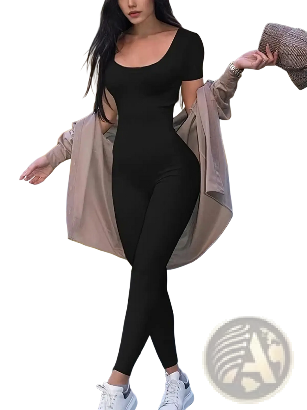 Black short sleeve bodycon jumpsuit made of form-fitting fabric with a square neckline in black color