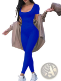 Vibrant royal blue short sleeve bodycon jumpsuit with square neckline and form-fitting one-piece design