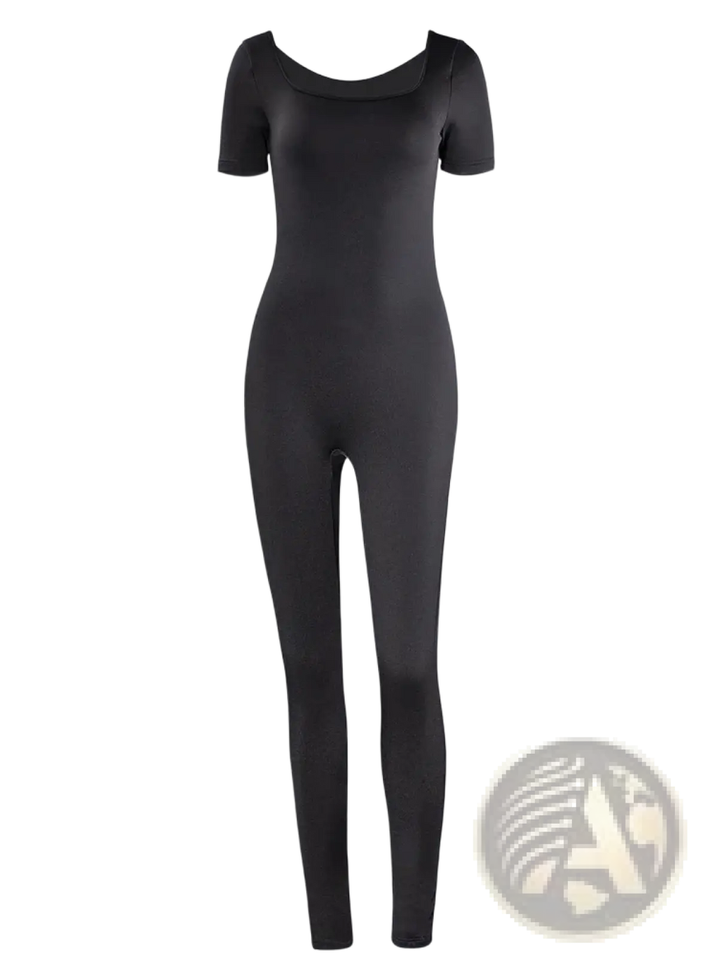 Black short sleeve bodycon jumpsuit with square neckline and form fitting silhouette in a sleek fabric