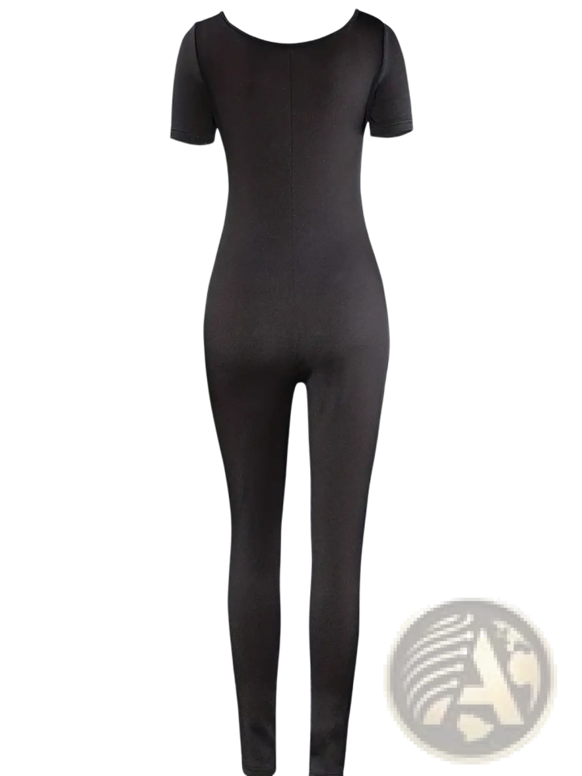 Black short sleeve bodycon jumpsuit with a rounded neckline and seamless form-fitting design