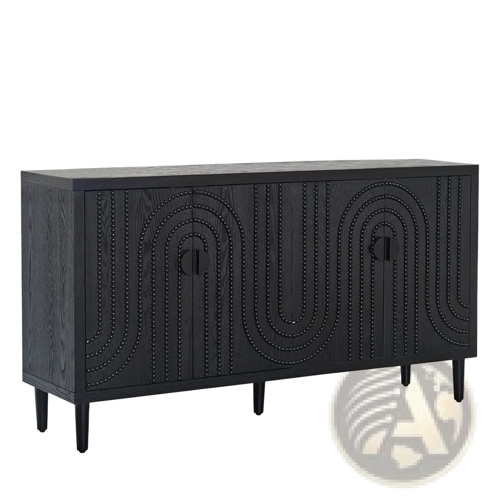 Black wooden sideboard cabinet with arched nailhead accents and tapered legs for elegant storage and display