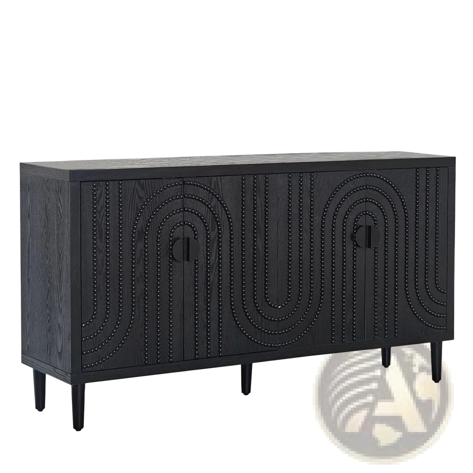 Black wooden sideboard cabinet with arched nailhead accents and tapered legs for elegant storage and display