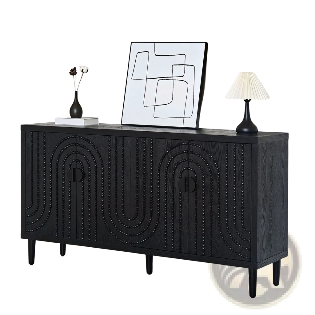 Black wooden sideboard cabinet with arched studded paneling and sleek legs for stylish storage