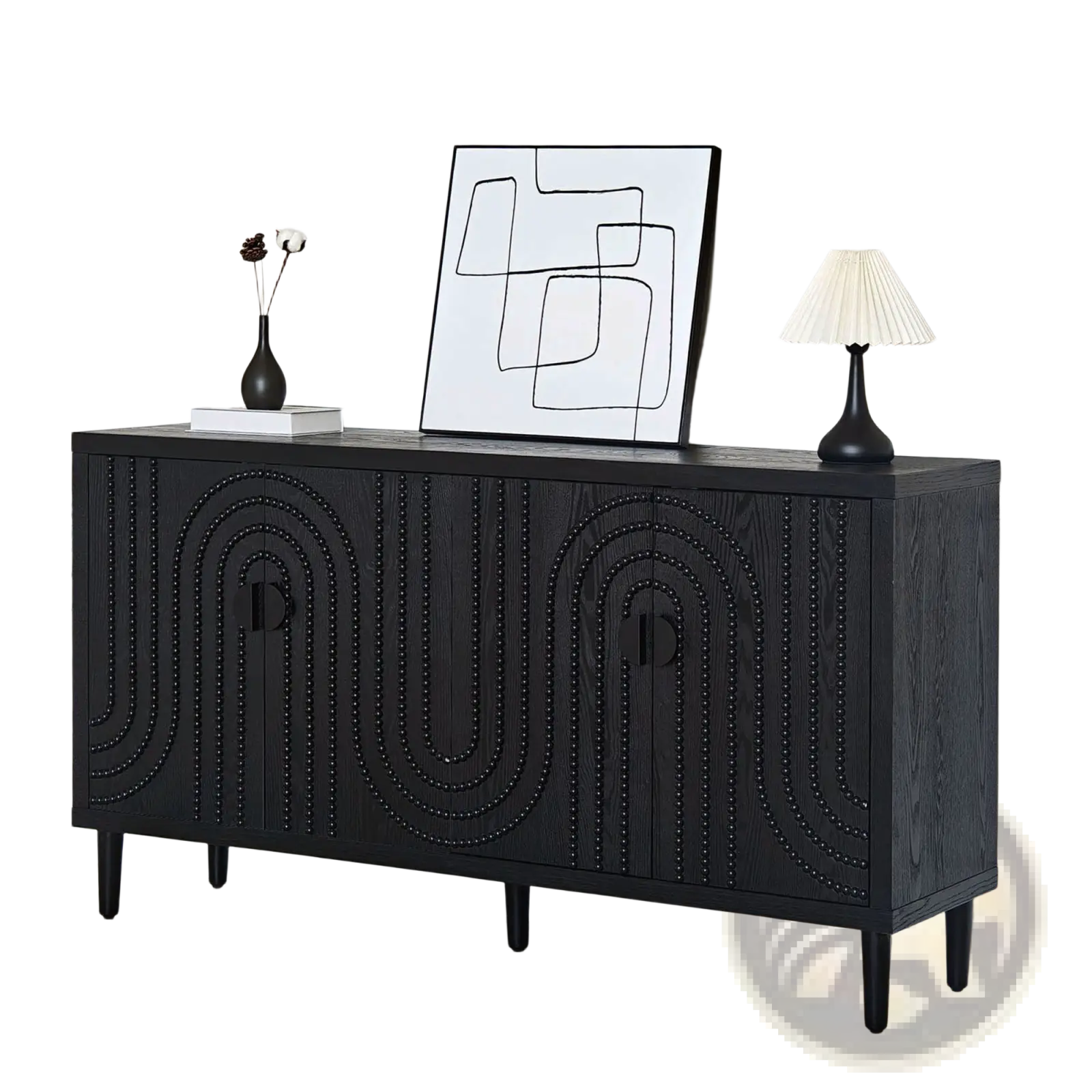 Black wooden sideboard cabinet with arched studded paneling and sleek legs for stylish storage