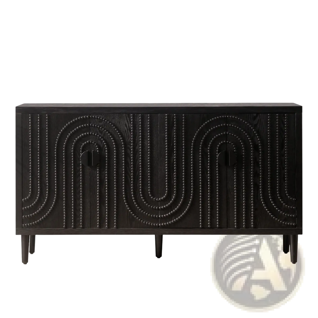 Black wooden sideboard cabinet with curved studded arch designs and sleek legs for stylish storage solutions