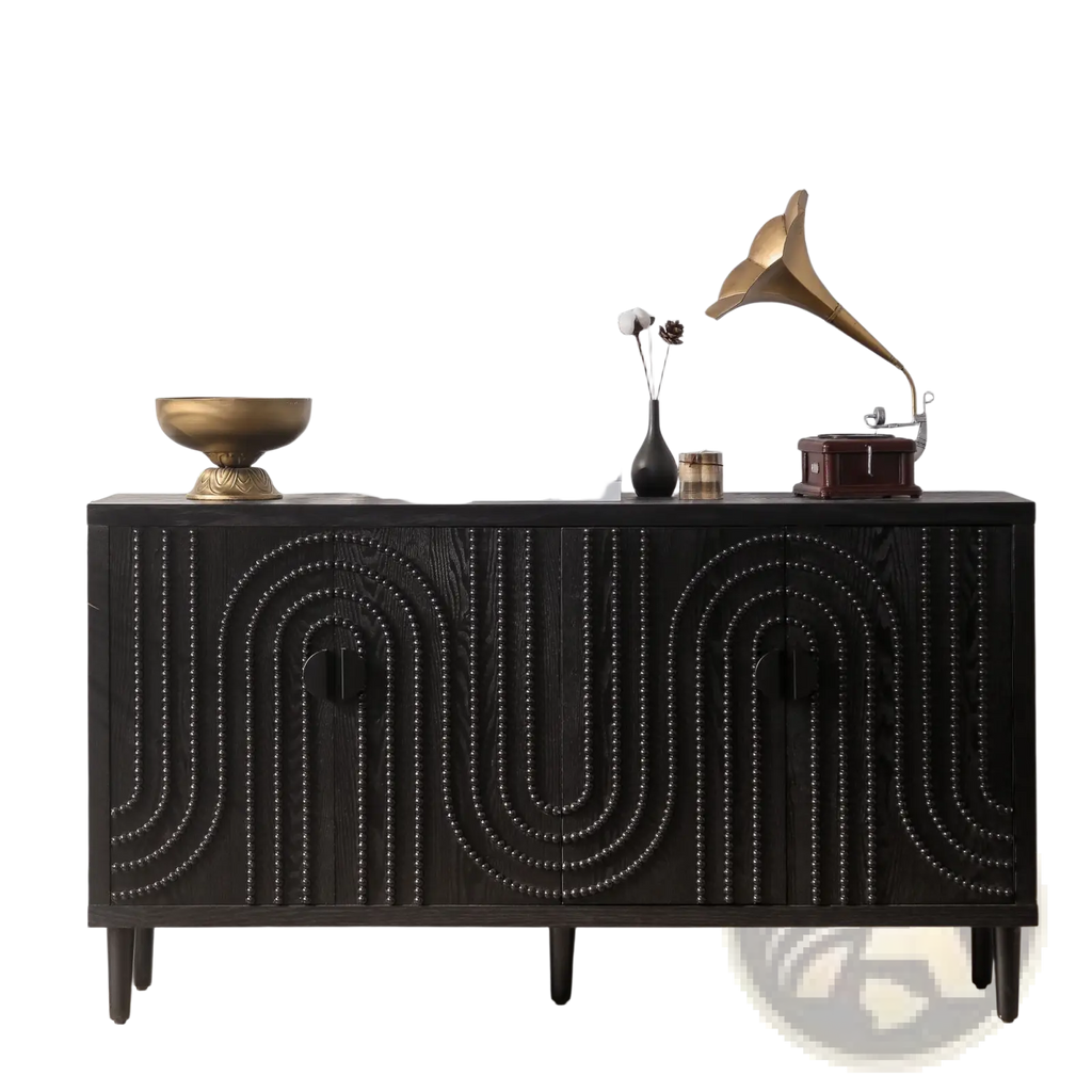 Black wooden sideboard cabinet with curved arched nailhead accents and slender legs for stylish storage
