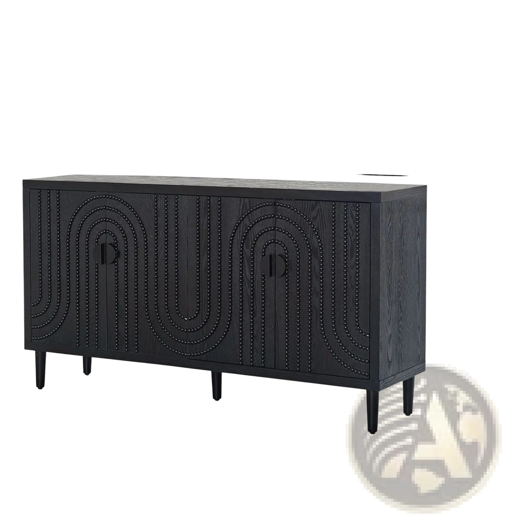 Black wooden sideboard cabinet with arched paneling and decorative nailhead trim for stylish storage