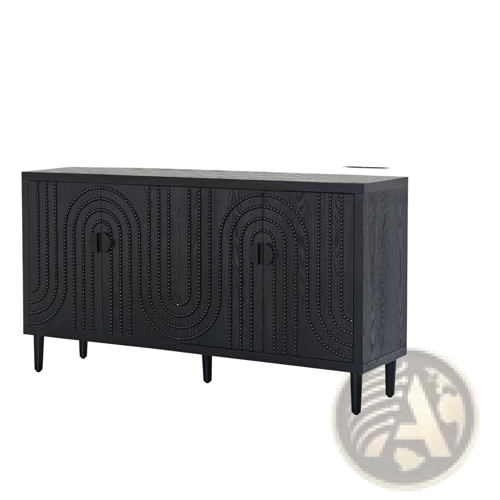 Black wooden sideboard cabinet with arched paneling and decorative nailhead trim for stylish storage