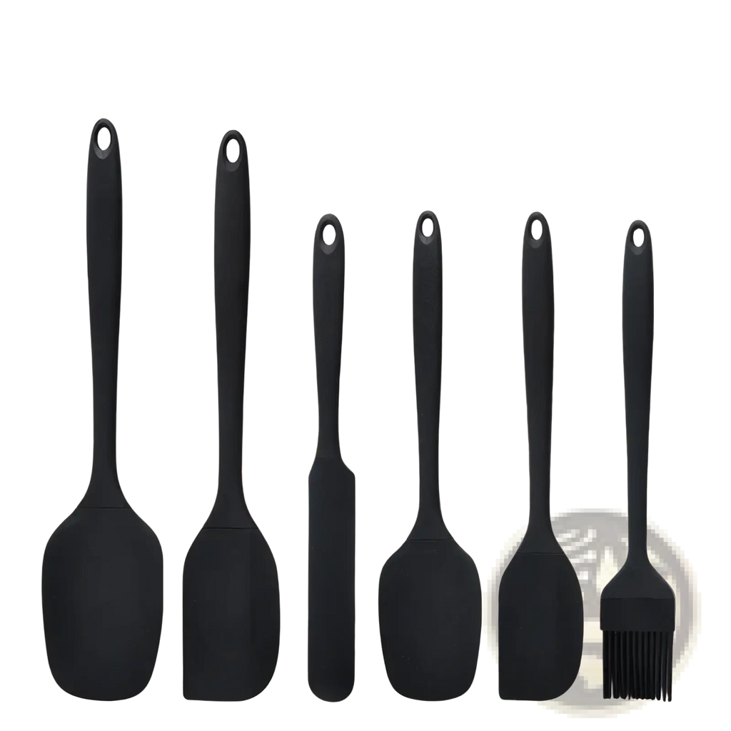 Black silicone kitchenware set with spatulas and brush featuring comfortable handles for baking use
