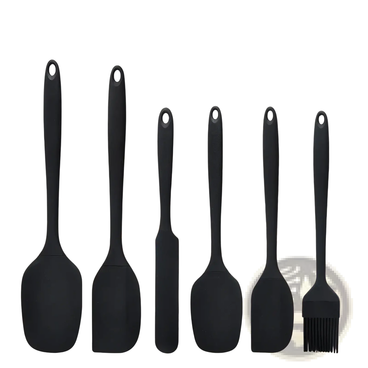 Black silicone kitchenware set with spatulas and brush featuring comfortable handles for baking use