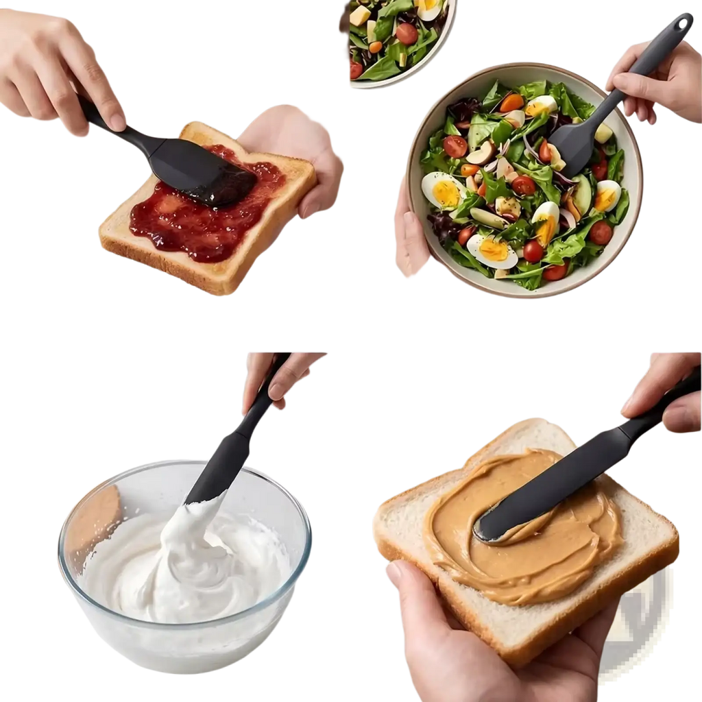 Black silicone spreading brush with flat wide head and slender handle from kitchenware set and baking tool