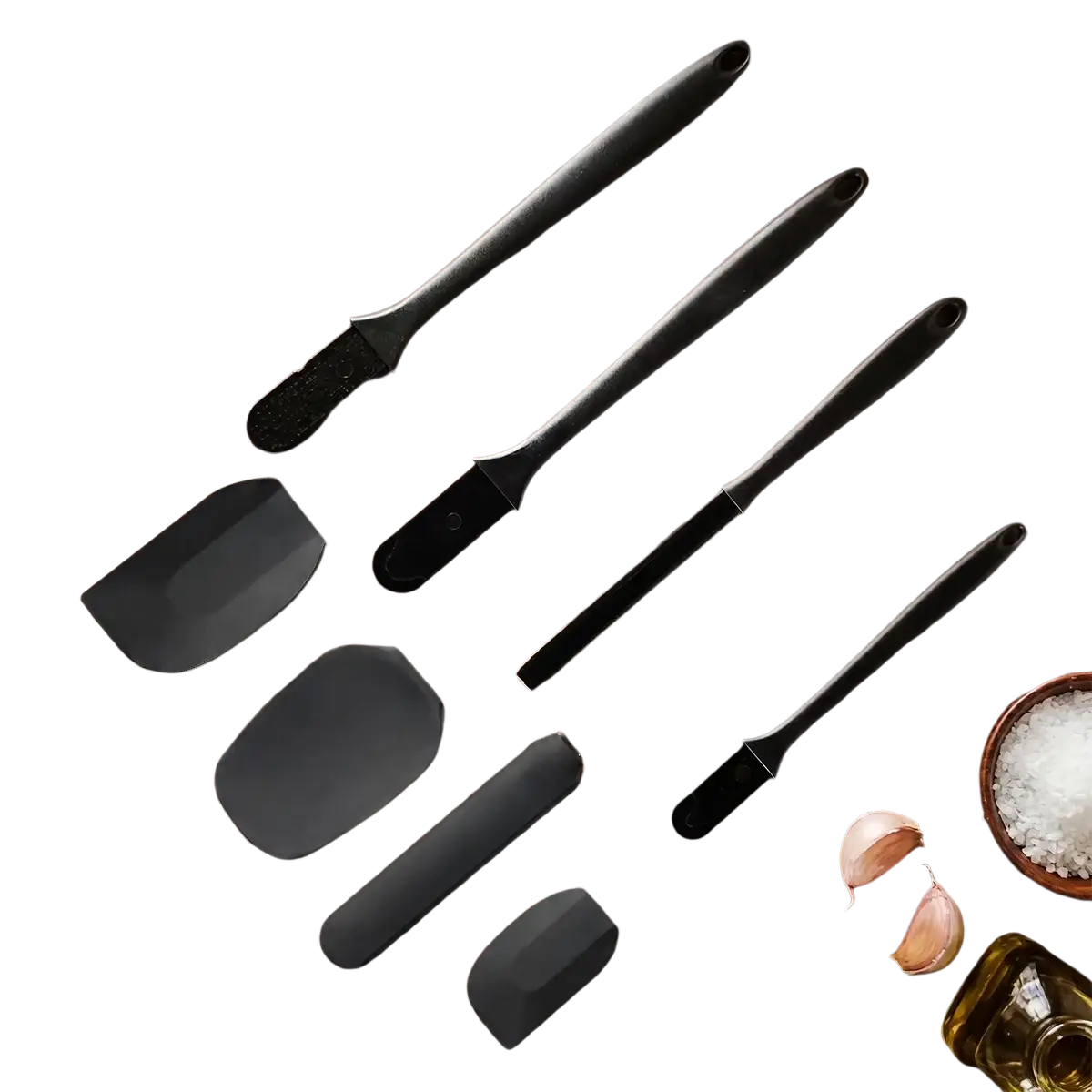 Set of black silicone kitchen scrapers with pp handles in various shapes and sizes for baking and cooking tasks