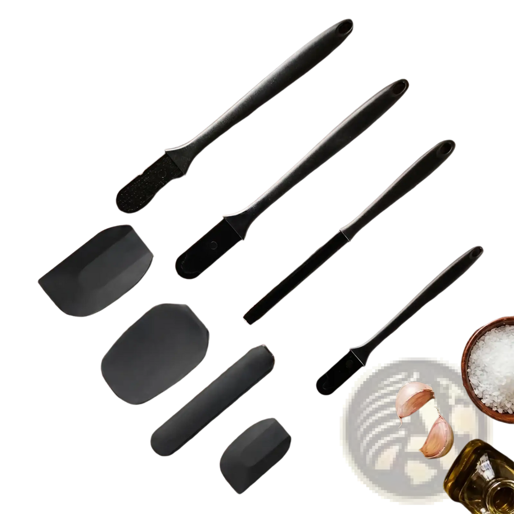 Set of black silicone kitchen scrapers with pp handles in various shapes and sizes for baking and cooking tasks