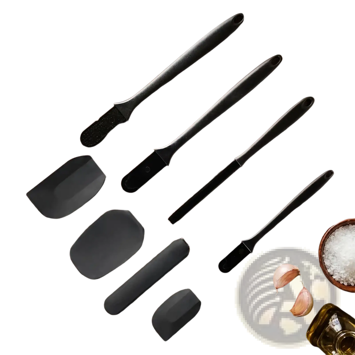 Set of black silicone kitchen scrapers with pp handles in various shapes and sizes for baking and cooking tasks