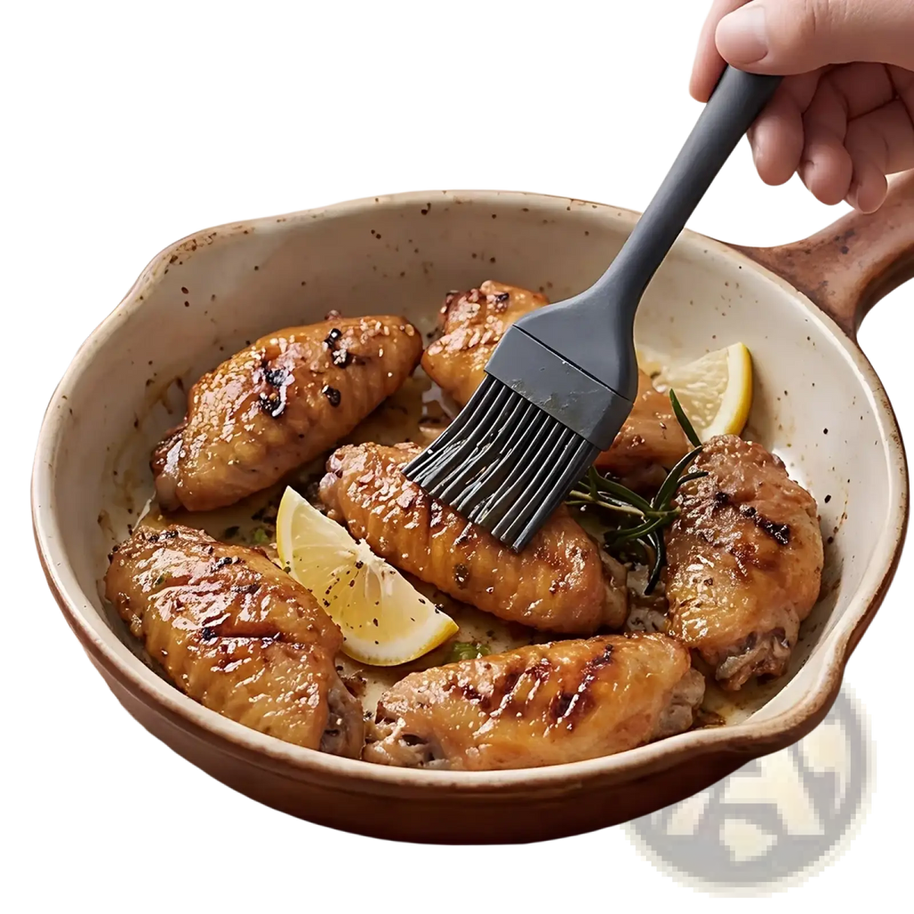Gray silicone basting brush with sturdy handle from black silicone kitchenware set glazing cooked chicken wings