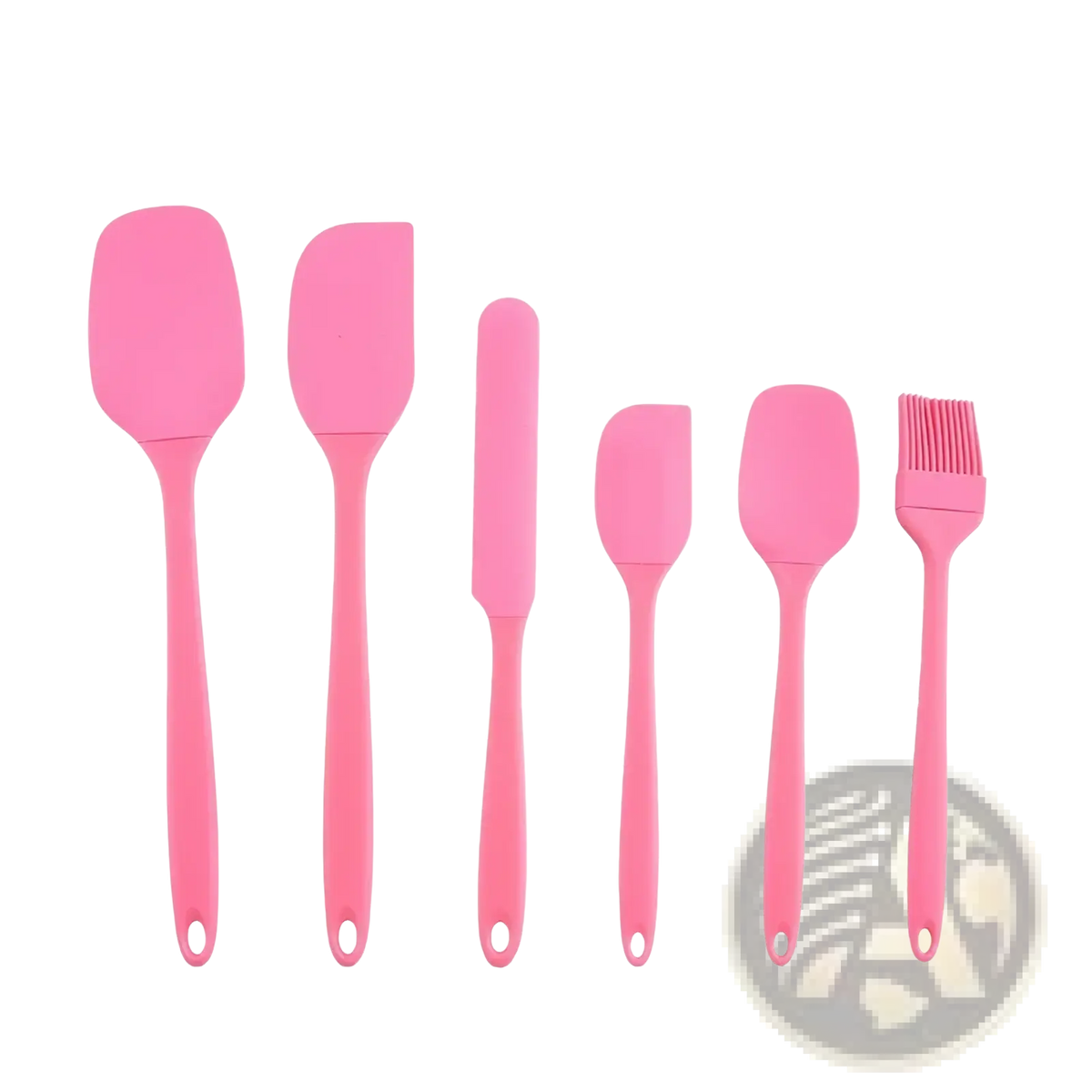 Set of six pink silicone kitchen utensils including spatulas knife and brush for baking and cooking tasks