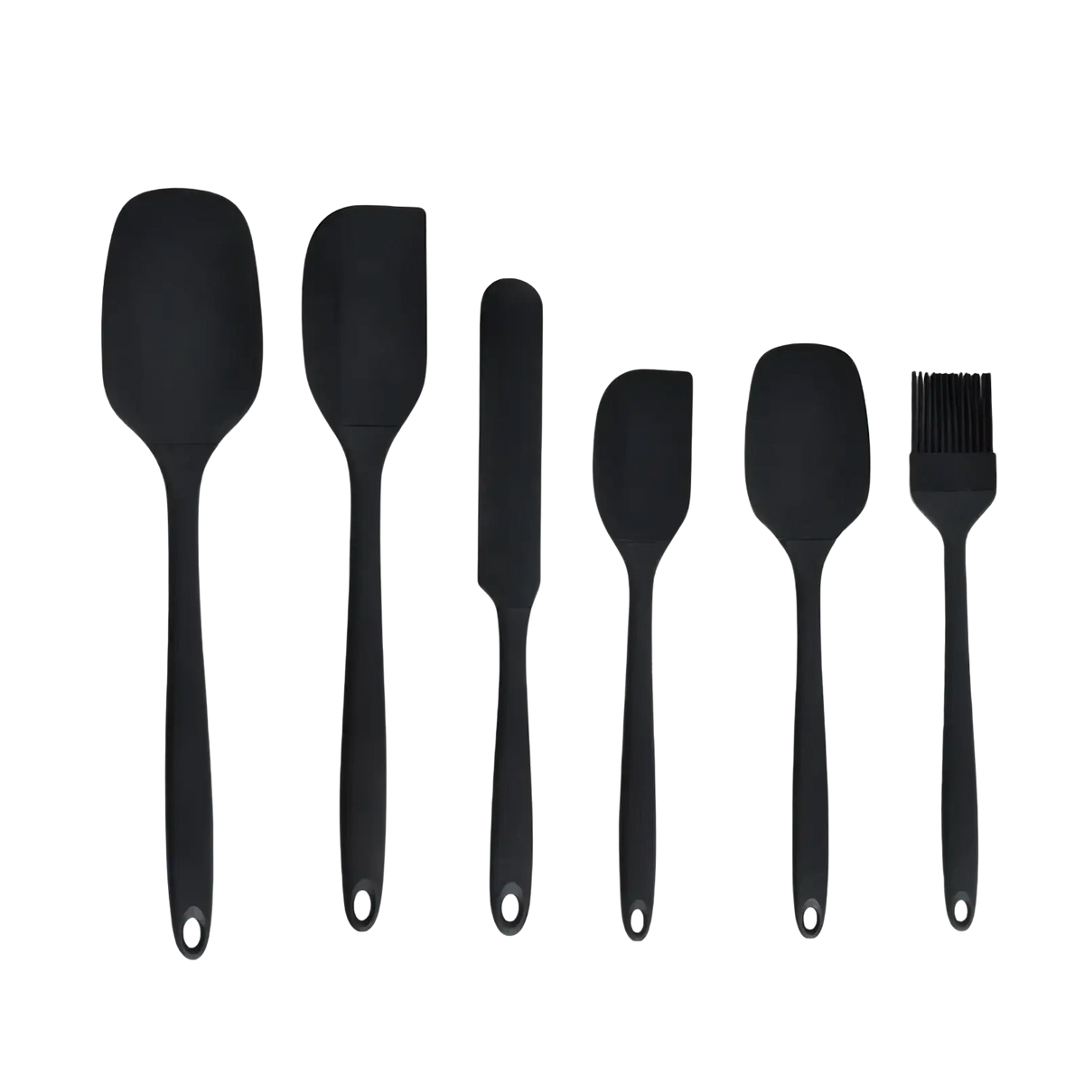 Set of six black silicone kitchenware utensils including spatulas knife and brush for baking and cooking tasks
