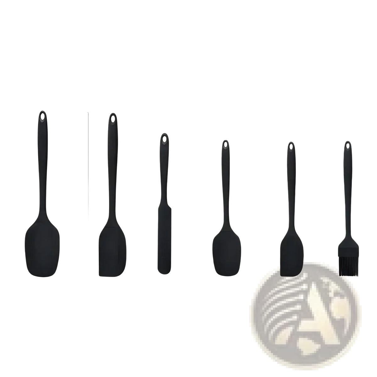 Set of six black silicone kitchenware utensils including scrapers cake knife and oil brush for baking and cooking
